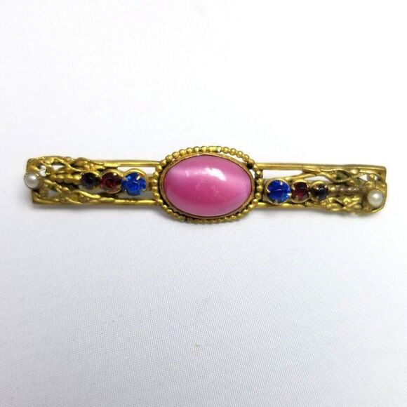 Vintage Pink Cabochon Bar Brooch, Gold Tone Filigree Rhinestone C Clasp, Antique - Picture 1 of 6